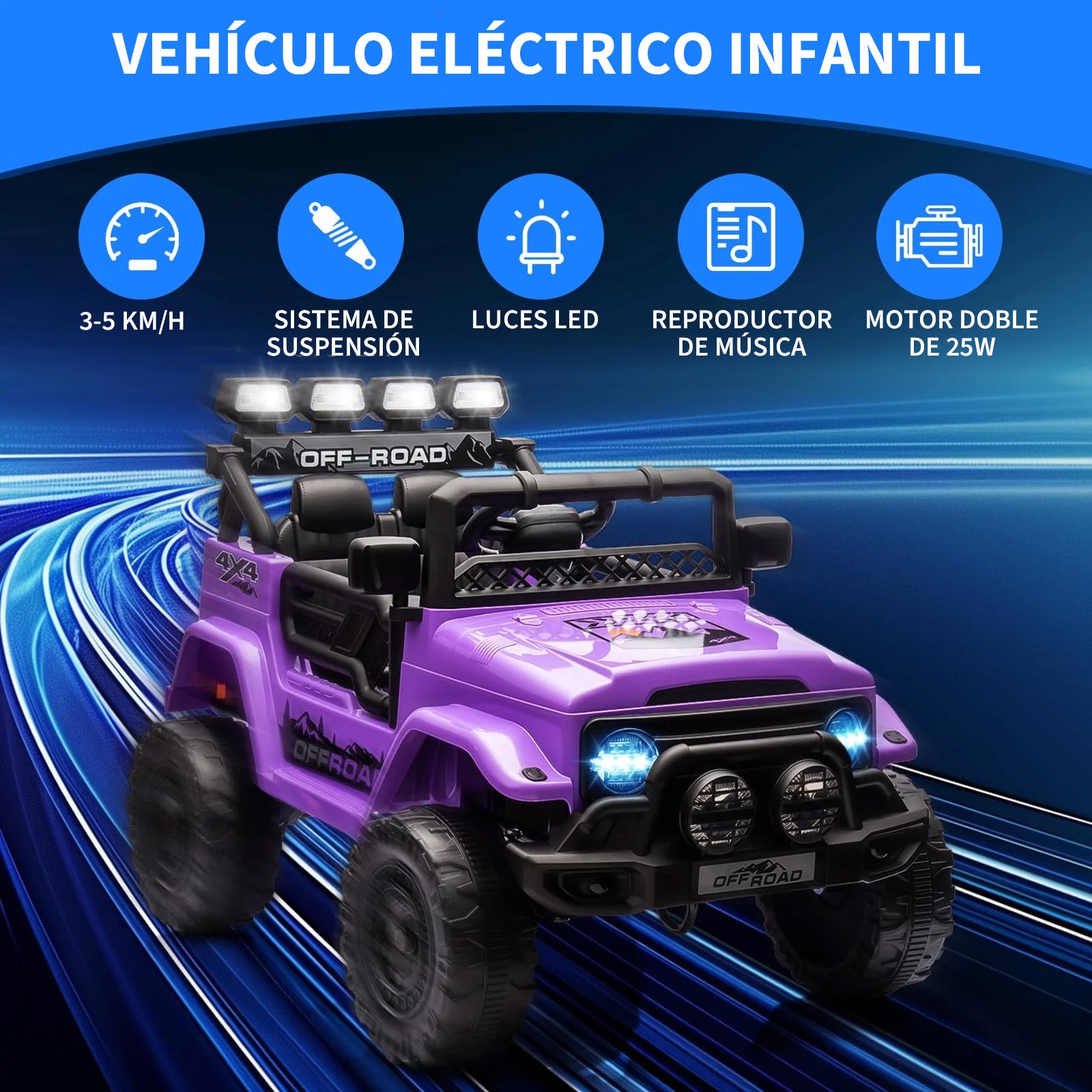 Garvee Coche Eléctrico Infantil 12V con Control Remoto y 3 Velocidades, Doble Motor, Bluetooth, Luces LED y Cinturones de Seguridad, para Niños de 3 a 6 Años, Morado