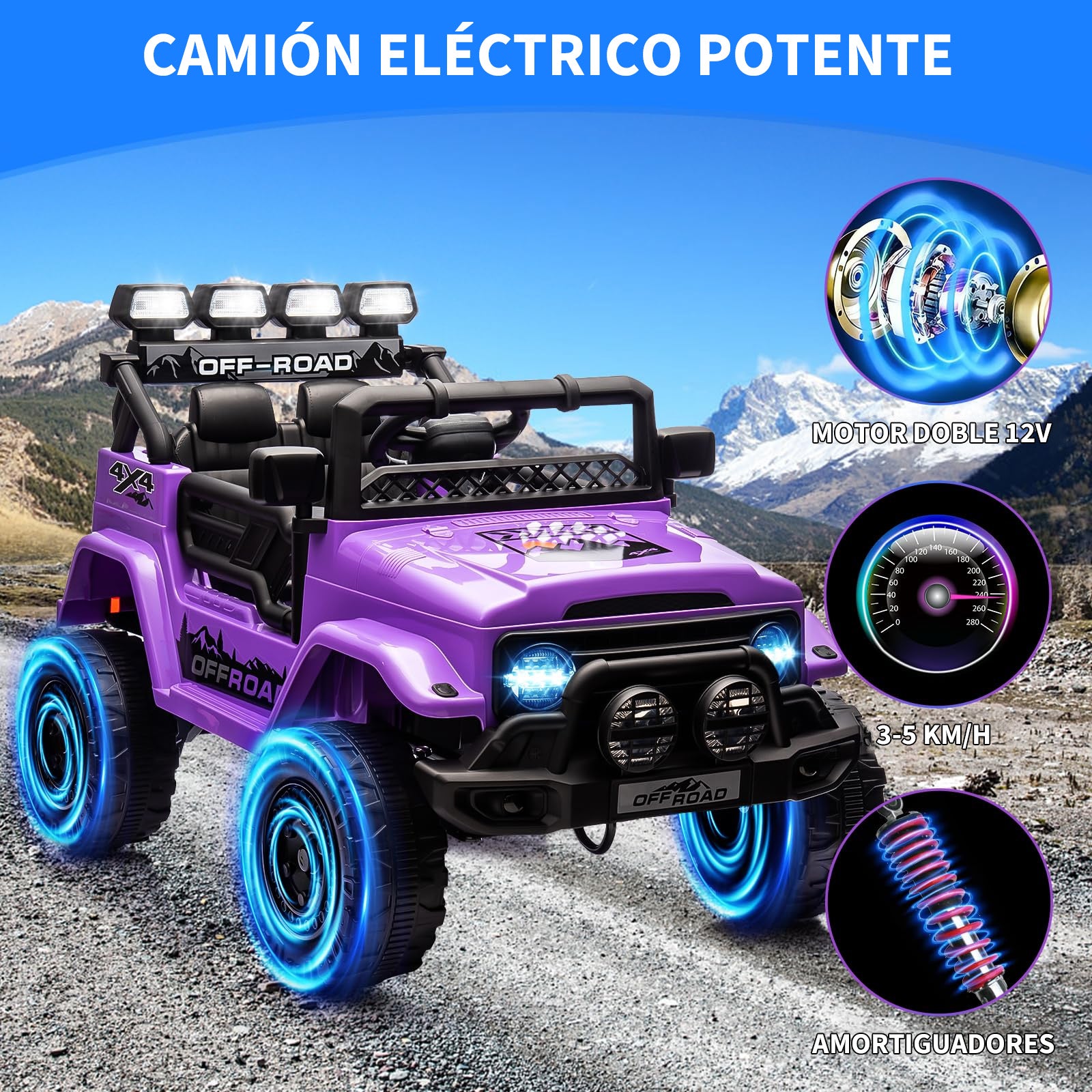 Garvee Coche Eléctrico Infantil 12V con Control Remoto y 3 Velocidades, Doble Motor, Bluetooth, Luces LED y Cinturones de Seguridad, para Niños de 3 a 6 Años, Morado