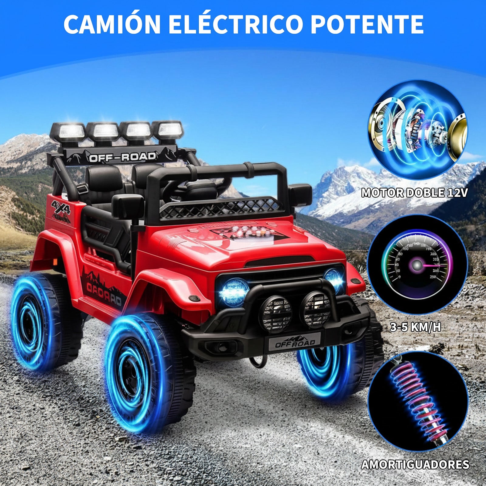 Garvee Coche Eléctrico para Niños 12V, Todoterreno Infantil con Control Remoto 2.4G, Doble Motor, Bluetooth, Luces LED y Arranque Suave, 3-6 Años, Rojo