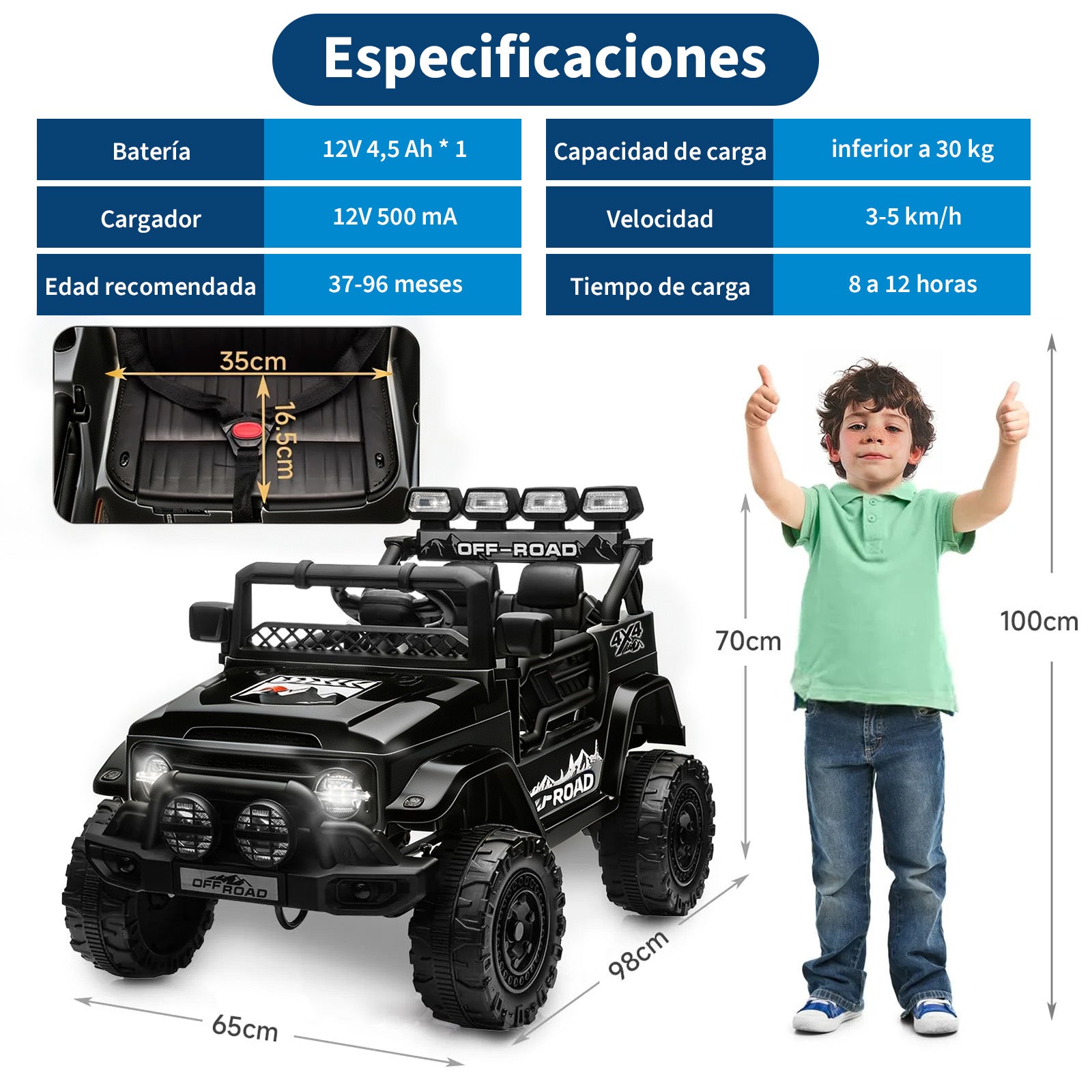 Garvee Coche Eléctrico para Niños 12V, Todoterreno Infantil con Control Remoto 2.4G, Doble Motor, Bluetooth, Luces LED y Suspensión, 3-6 Años, Negro
