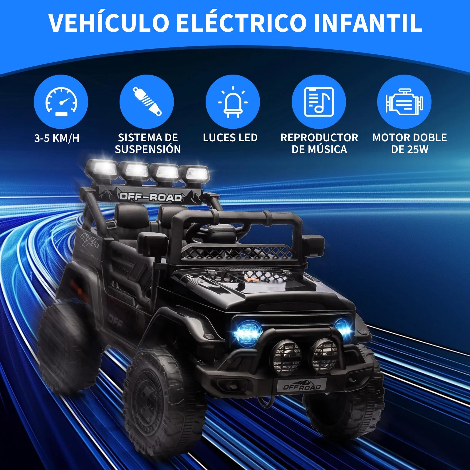 Garvee Coche Eléctrico para Niños 12V, Todoterreno Infantil con Control Remoto 2.4G, Doble Motor, Bluetooth, Luces LED y Suspensión, 3-6 Años, Negro