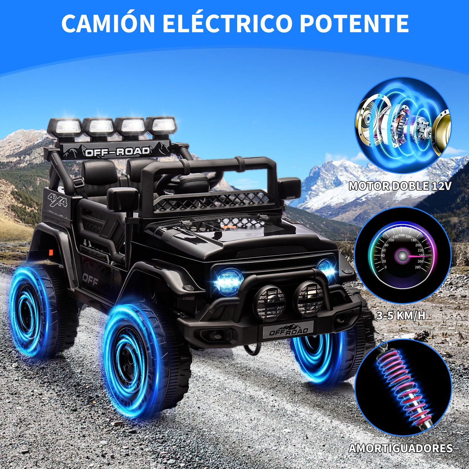 Garvee Coche Eléctrico para Niños 12V, Todoterreno Infantil con Control Remoto 2.4G, Doble Motor, Bluetooth, Luces LED y Suspensión, 3-6 Años, Negro