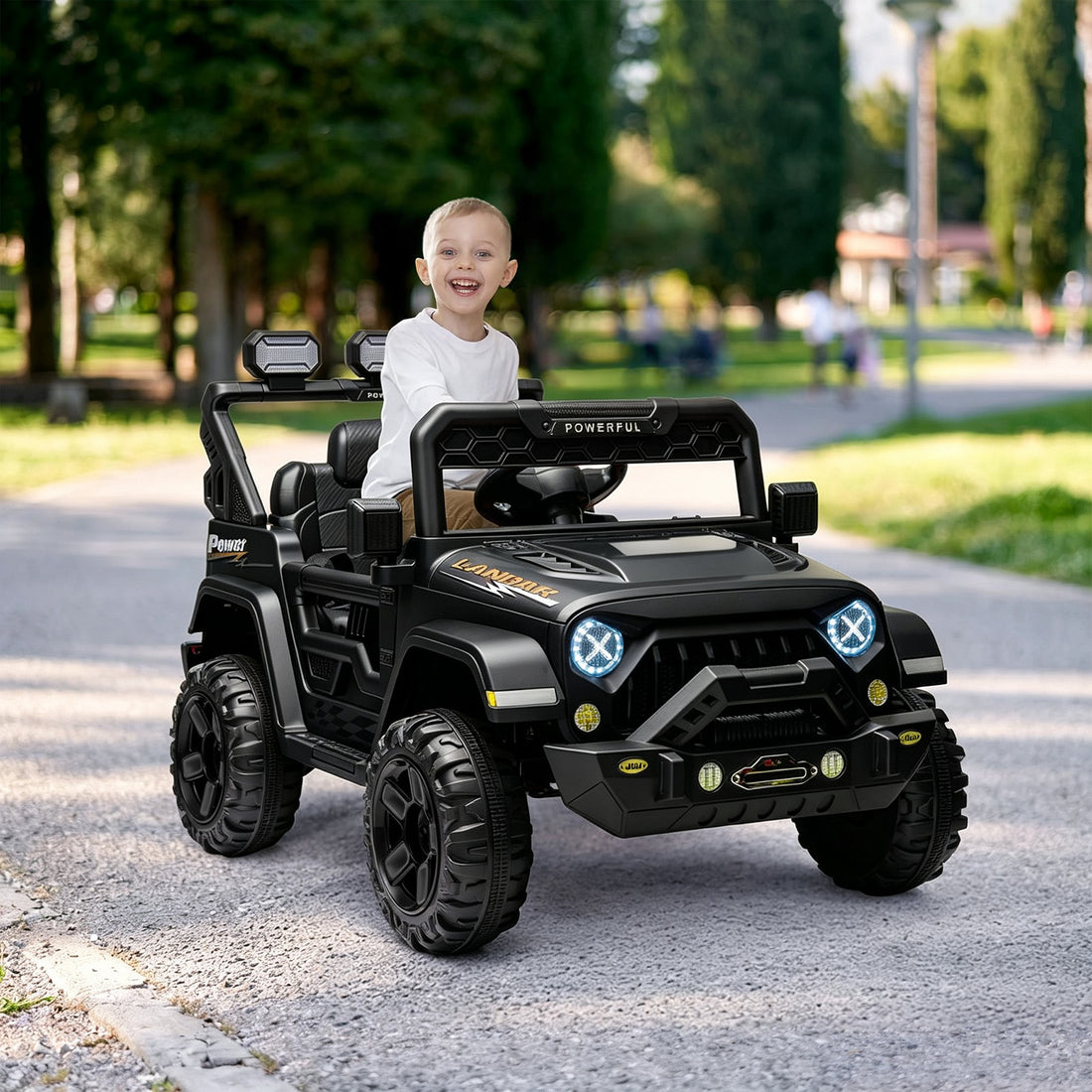 Garvee Coche Eléctrico Infantil de 12 V con Control Remoto Parental, 3 Velocidades, Luces LED, Música Bluetooth y Suspensión de Resortes, para Niños de 3 a 6 Años, Negro