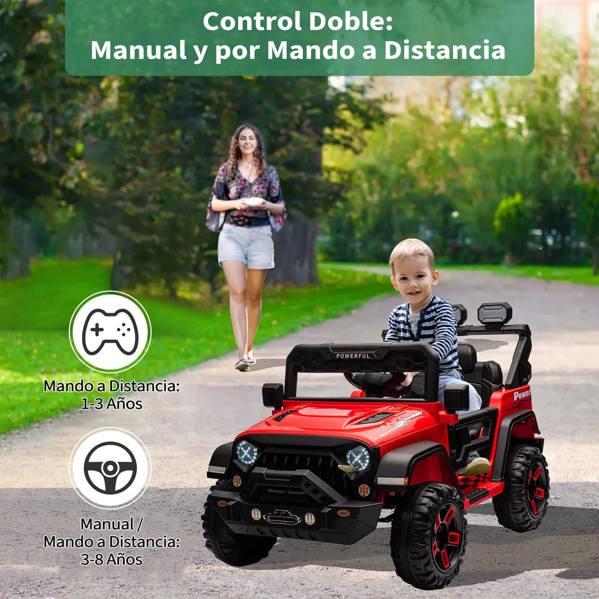 Garvee Coche Eléctrico Infantil Estilo Todoterreno Batería 12V 7Ah Doble Motor Mando a Distancia 2.4 GHz Conexión Bluetooth Luces LED Arranque Suave Rojo