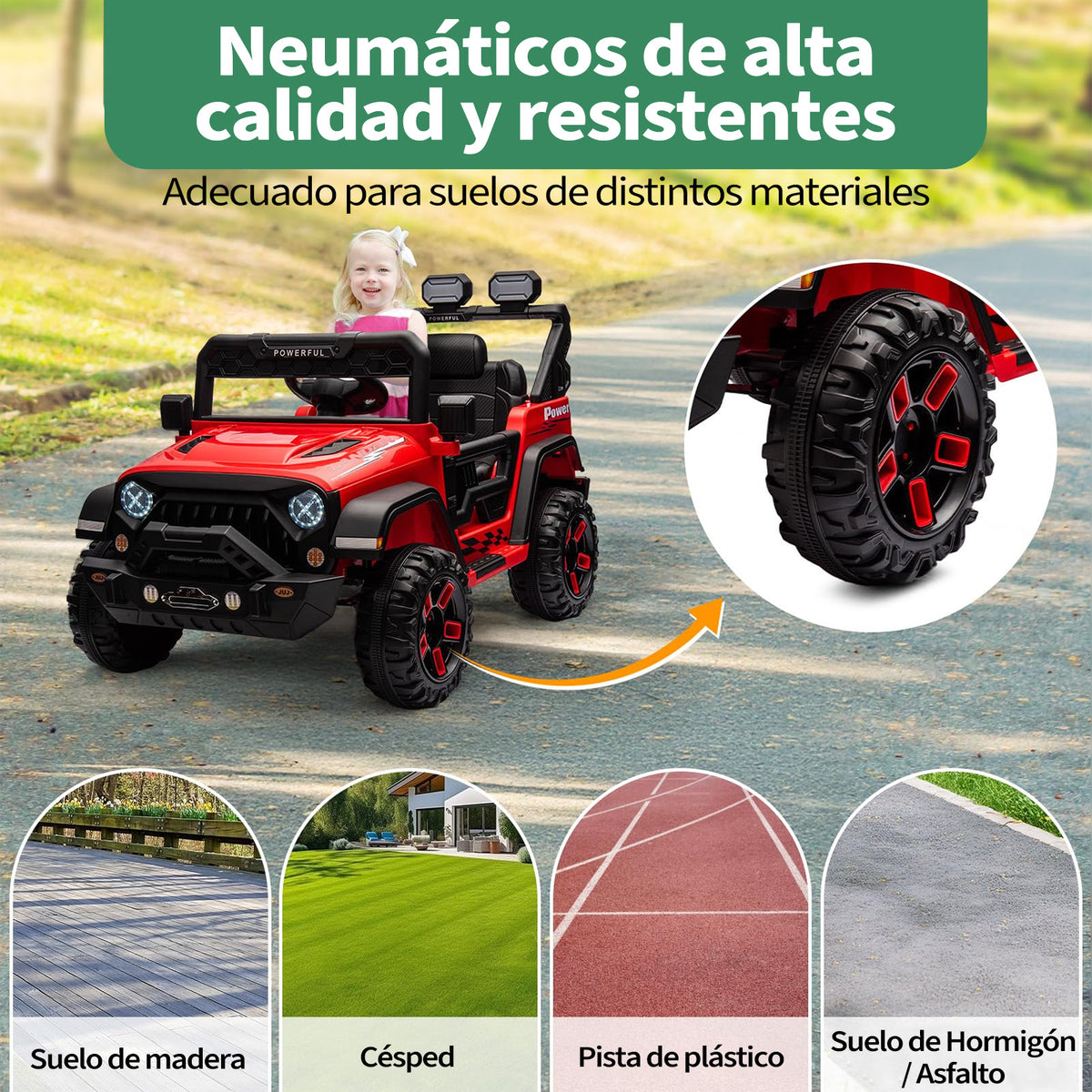 Garvee Coche Eléctrico Infantil Estilo Todoterreno Batería 12V 7Ah Doble Motor Mando a Distancia 2.4 GHz Conexión Bluetooth Luces LED Arranque Suave Rojo