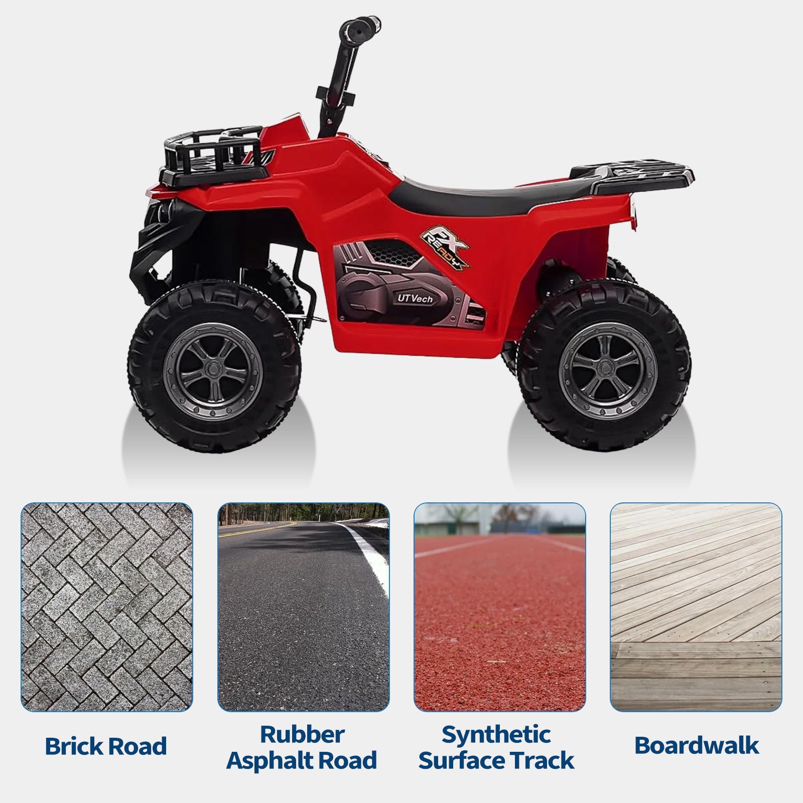 Garvee Quad Eléctrico 12V ATV, LED, Música, Resistente, Control Seguro, Batería Recargable, 2-5 años, Aventuras al Aire Libre, Rojo