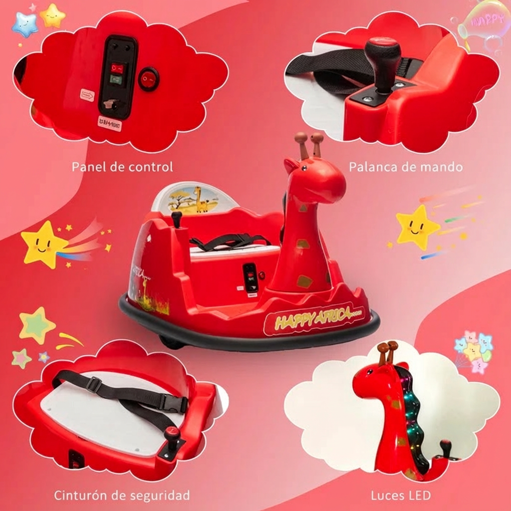 Garvee Autoscooter 6V, Rotación 360°, Luces LED, Control Remoto, Diseño de Jirafa, Cinturón de 5 puntos, Seguro y Divertido, 2-5 años, Interior y Exterior, Rojo