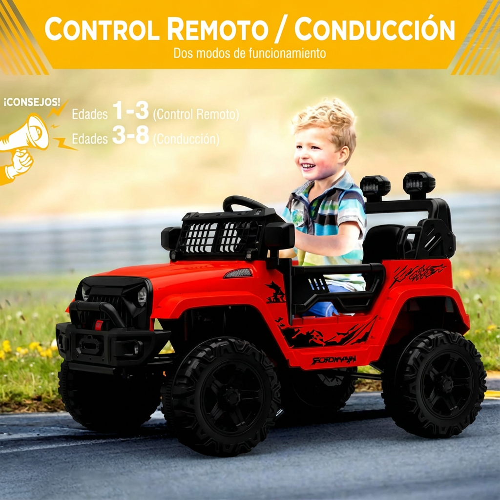 Garvee Coche Eléctrico 12V, Control Remoto, Suspensión, Luces LED, 2 Velocidades, Seguridad, 3-6 años, Interior y Exterior, Rojo