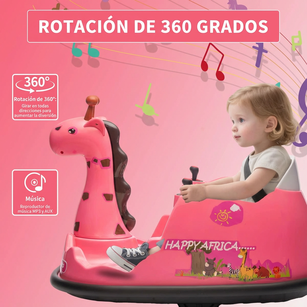 Garvee Autoscooter, Rotación 360°, LED, Diseño Jirafa, Control Remoto, Seguridad, 2-5 años, Interior y Exterior, Rosa