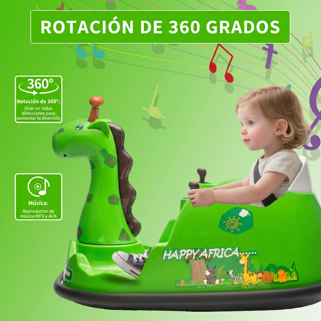 Garvee Autoscooter 6V, Rotación 360°, LED, Diseño de Jirafa, 2-5 años, Interior y Exterior, Verde