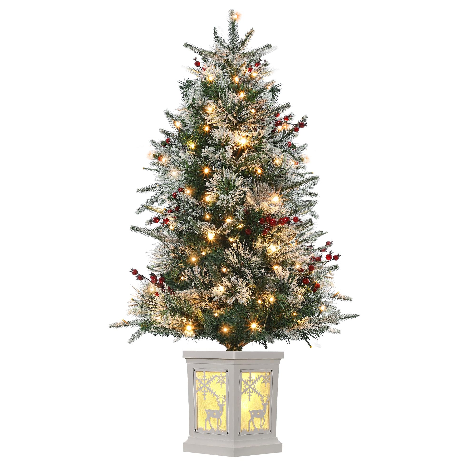 Garvee Árbol Artificial de Navidad 90cm 78 Luces LED Bayas Rojas Material Pino Nieve Base Vintage Estable Temporizador Hogar Oficina