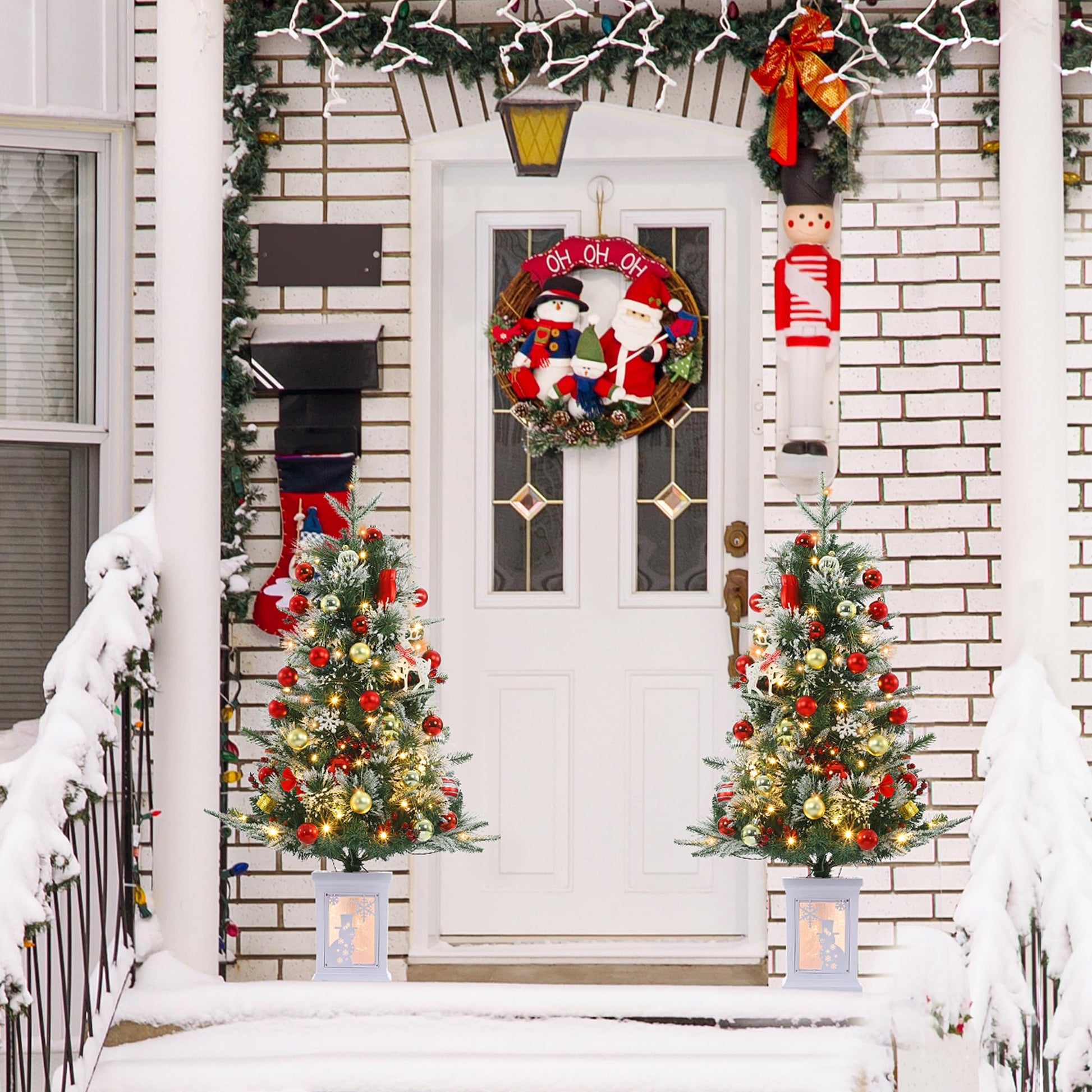 Garvee Árbol de Navidad Mini 90cm con Muñeco de Nieve, LED Blanco Cálido y Base Blanca, Decoración Festiva Preiluminada para Hogar y Oficina, 2 Paquetes