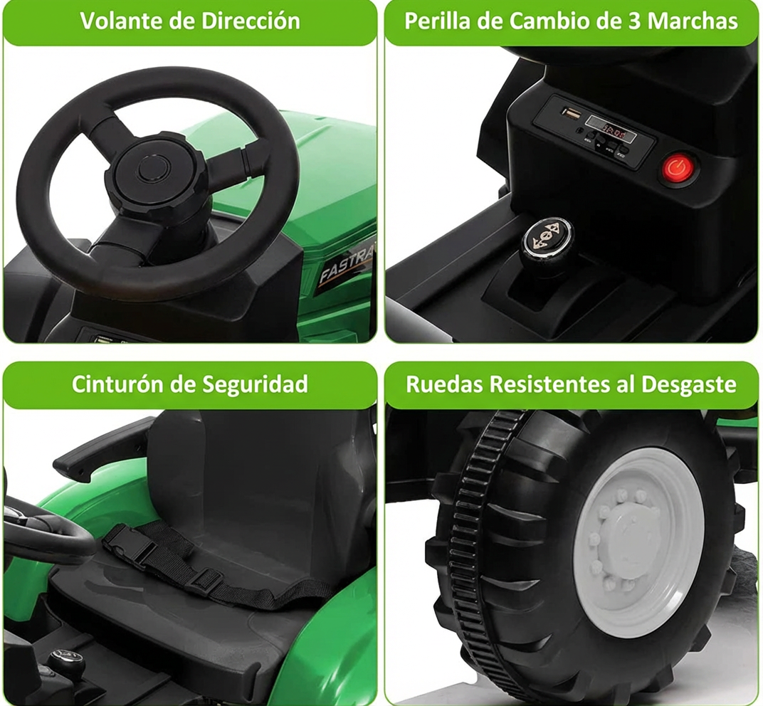 Garvee Tractor Eléctrico 12V, Doble Motor 35W, Remolque Desmontable, 6 Ruedas Goma, Control Remoto, 3 Velocidades, Luces LED, 3-6 años, Jardín, Verde