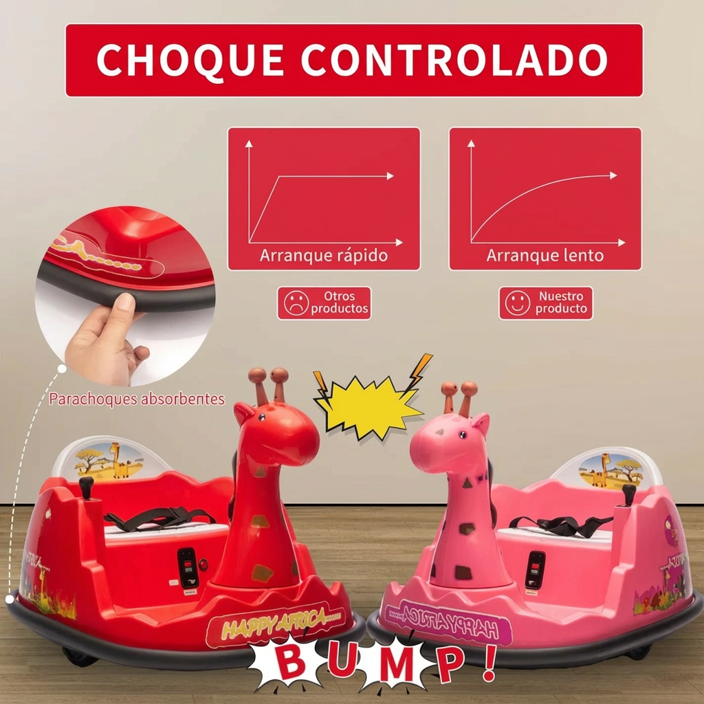 Garvee Autoscooter 6V, Rotación 360°, Luces LED, Control Remoto, Diseño de Jirafa, Cinturón de 5 puntos, Seguro y Divertido, 2-5 años, Interior y Exterior, Rojo