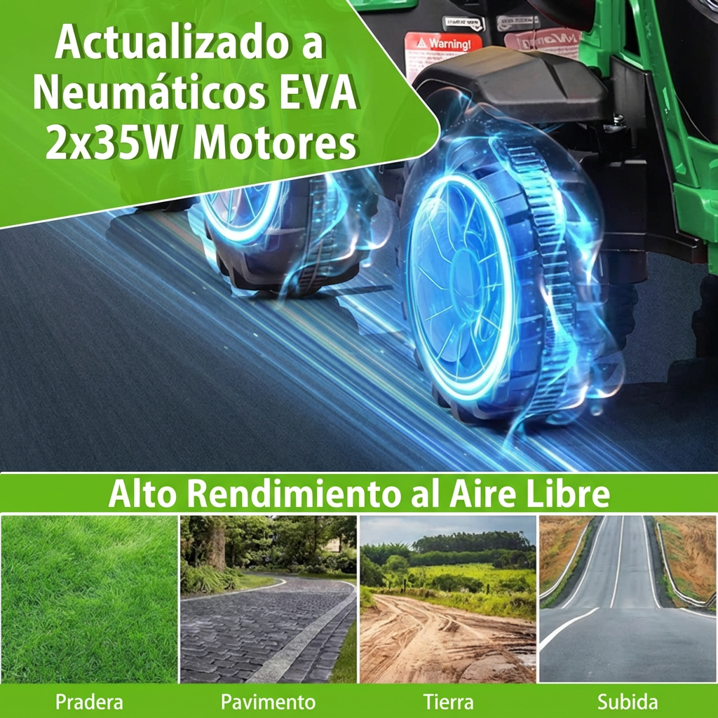 Garvee Tractor Eléctrico 12V, Doble Motor 35W, Remolque Desmontable, 6 Ruedas Goma, Control Remoto, 3 Velocidades, Luces LED, 3-6 años, Jardín, Verde