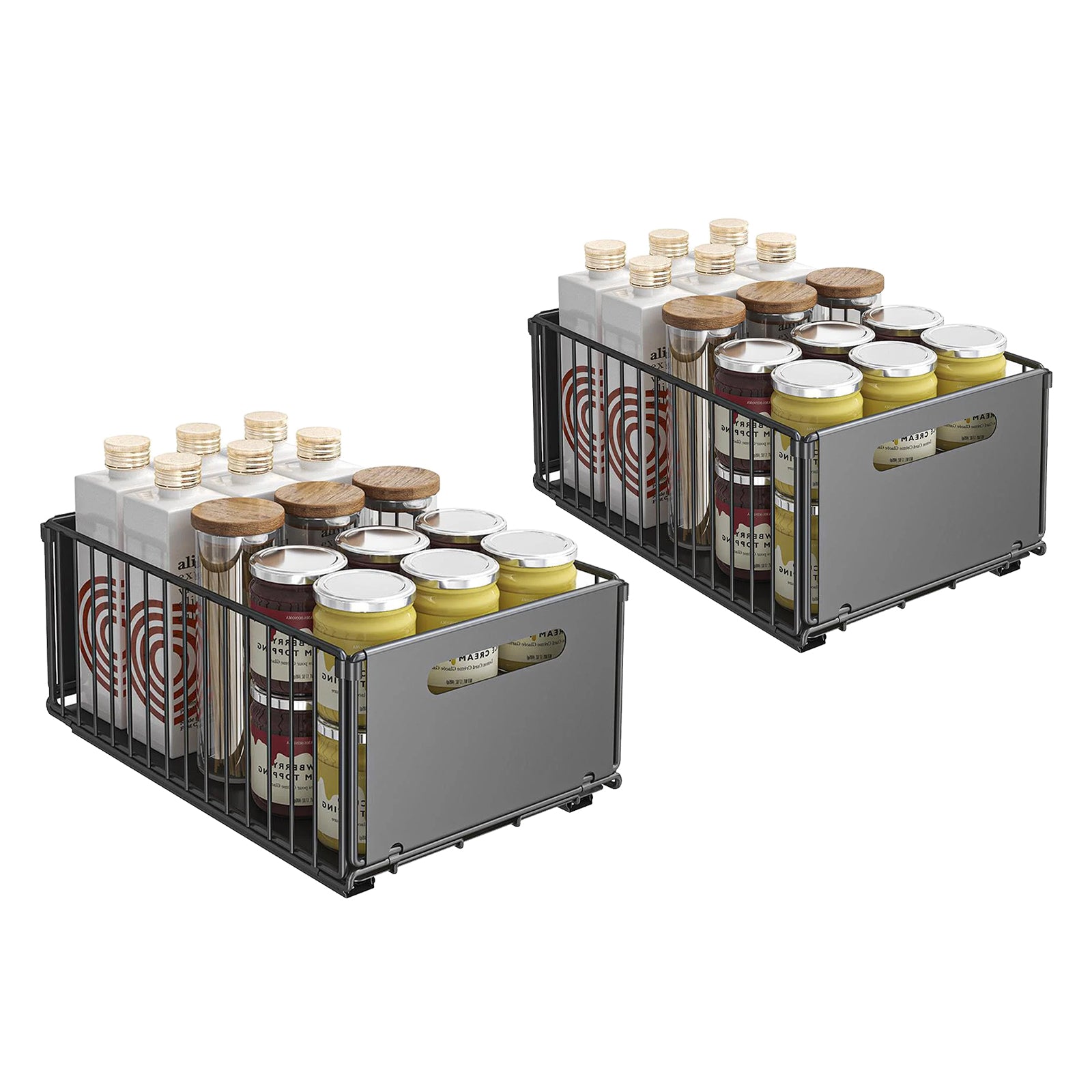 Garvee Pack de 2 Organizadores Deslizantes para Armario de Cocina, Acero al Carbono Negro, Instalación Sin Taladro, Cestas Extraíbles Plegables, para Bajo Fregadero y Baño