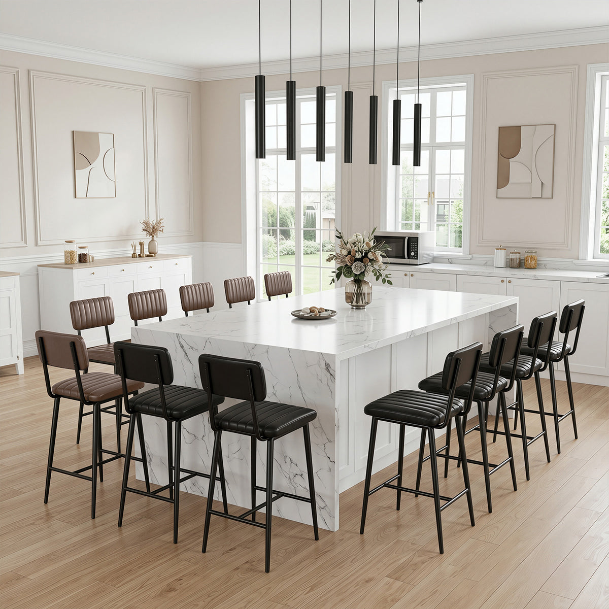 Garvee Conjunto de 2 Taburetes Altos de Cocina con Asiento de PU y Respaldo Ergonómico 181kg Negro
