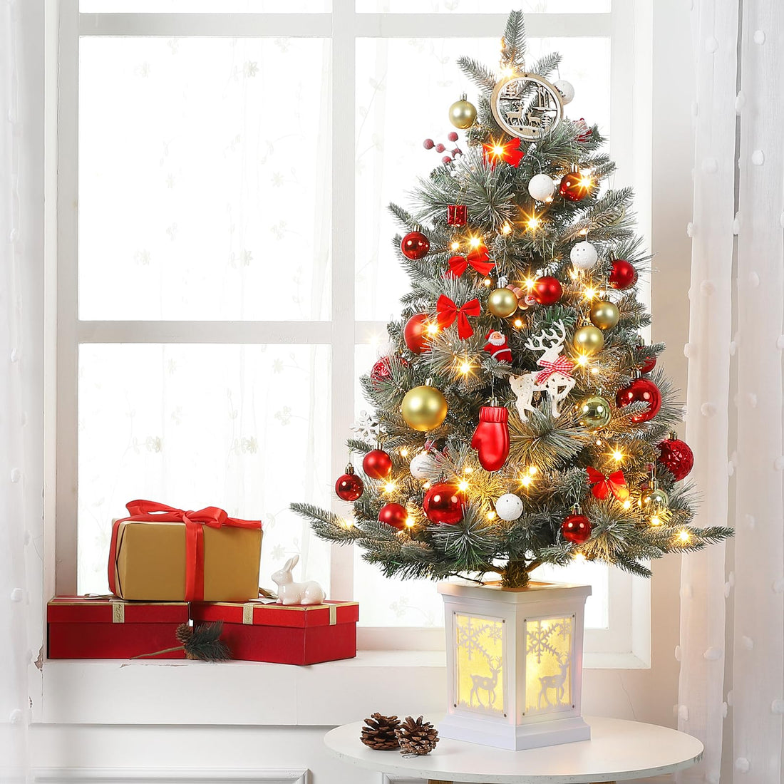 Garvee Árbol Artificial de Navidad 90cm 78 LEDs Cálidos Material Ignífugo Bayas Rojas Base Vintage Interior Festivos