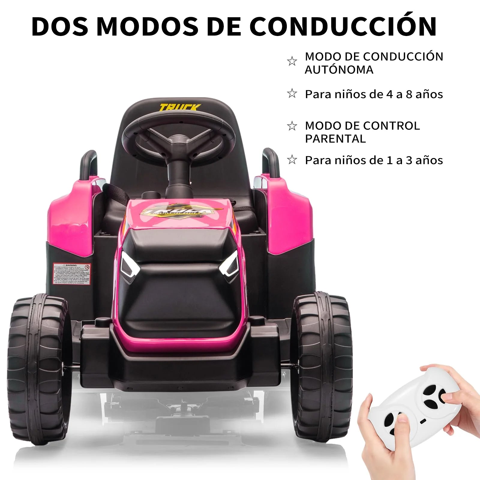 Garvee Tractor Eléctrico 12V con Remolque, Motor Dual 35W, Bluetooth, Luces LED y Control Remoto para Niños - Rosa