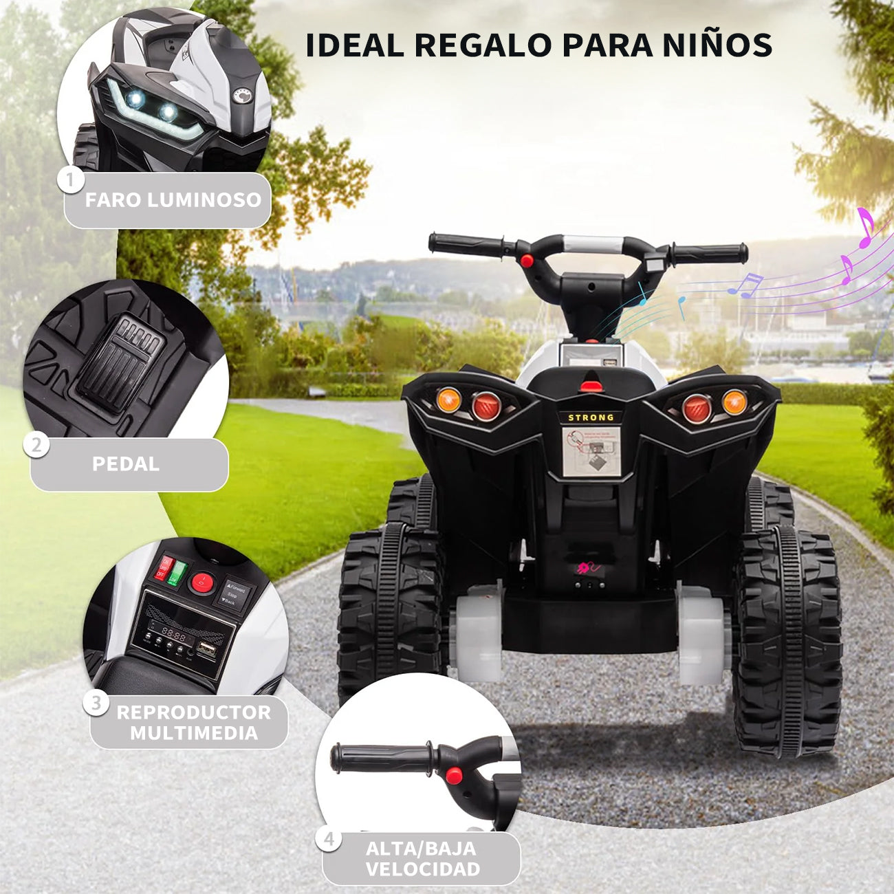 Garvee Quad Eléctrico 12V, LED, Música, 2 Velocidades, Bocina, 3-6 años, Interior y Exterior, Blanco