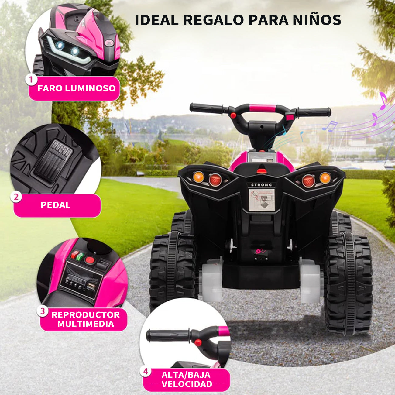 Garvee Quad Eléctrico 12V, LED y Música, Control Remoto, Ruedas 4x4 EVA, Asiento Cómodo, 3-6 años, Exterior, Rosa