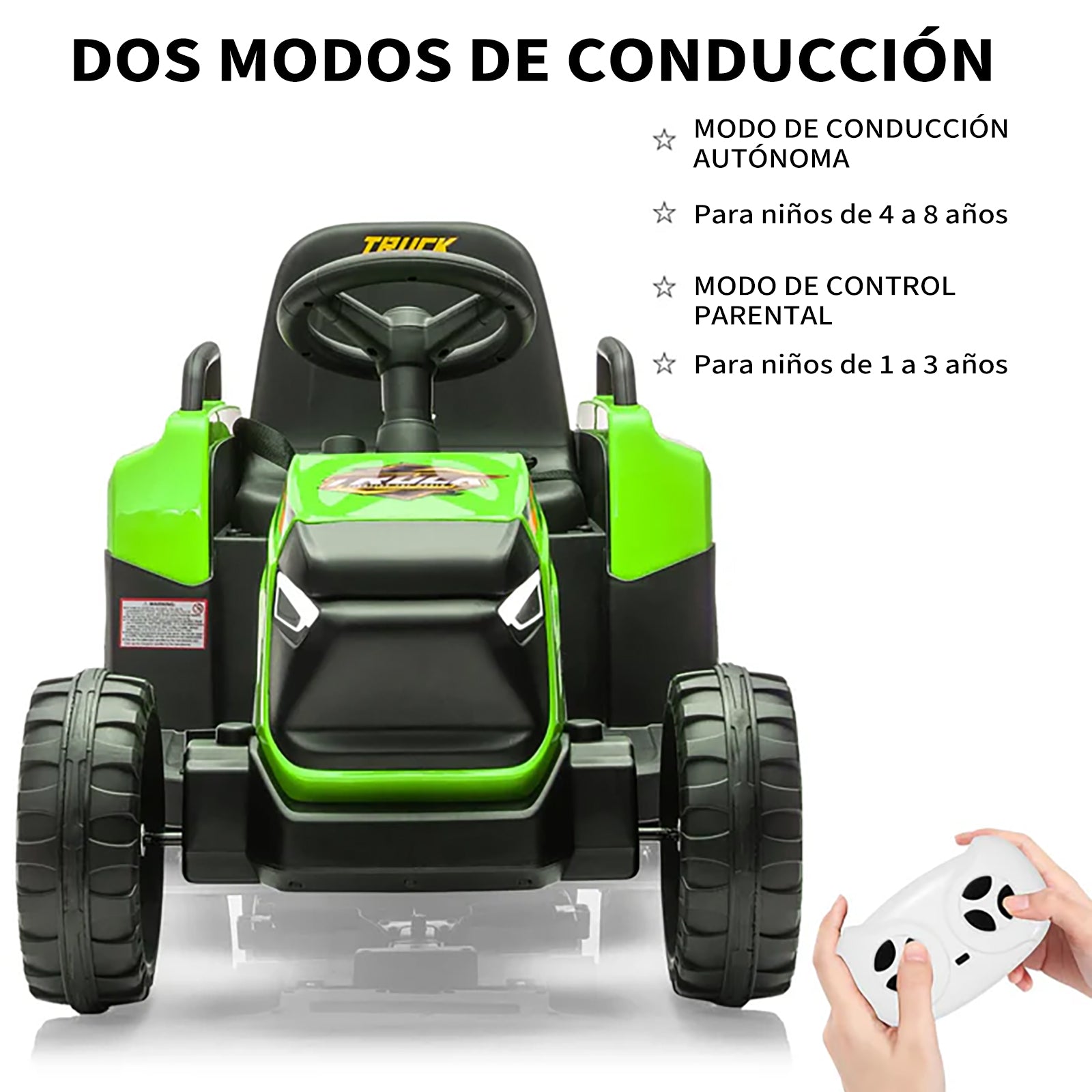 Garvee Tractor Eléctrico 12V, Remolque Amovible, Doble Motor, Luces LED, Control Remoto, 3-6 años, Jardín, Verde