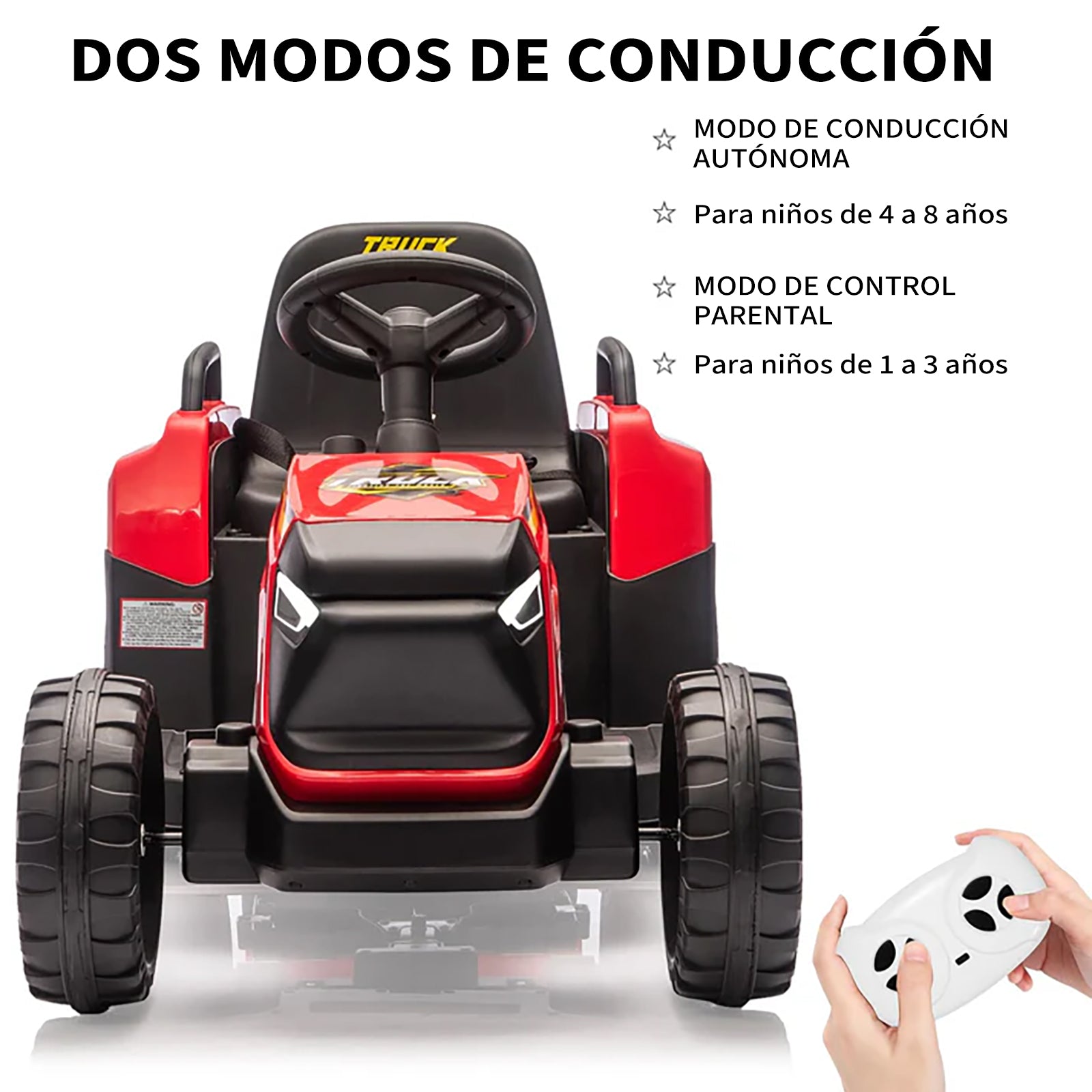 Garvee Tractor Eléctrico 12V, Remolque Amovible, Doble Motor, Control Remoto LED, Música, Bluetooth, 3-6 años, Jardín, Rojo