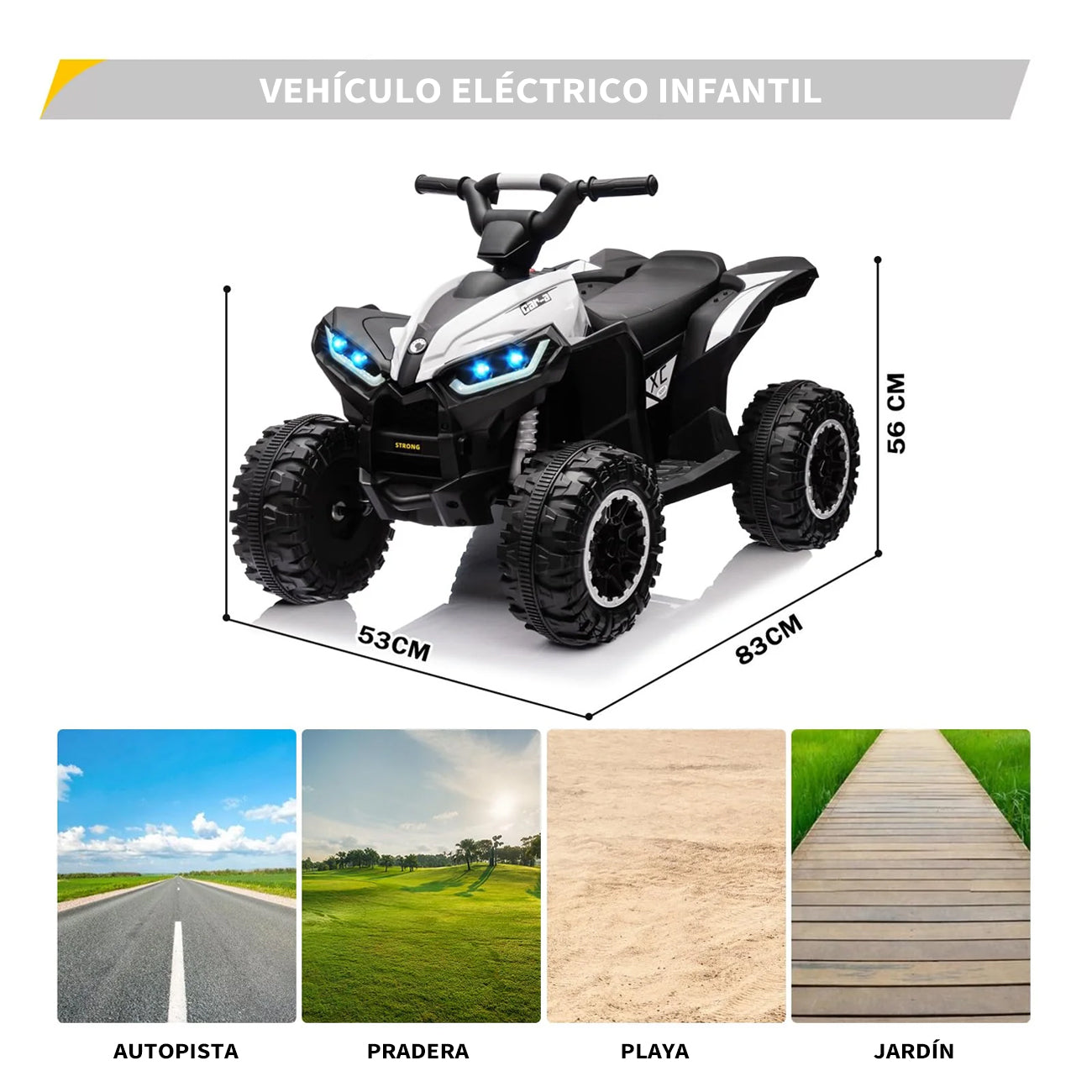 Garvee Quad Eléctrico 12V, LED, Música, 2 Velocidades, Bocina, 3-6 años, Interior y Exterior, Blanco