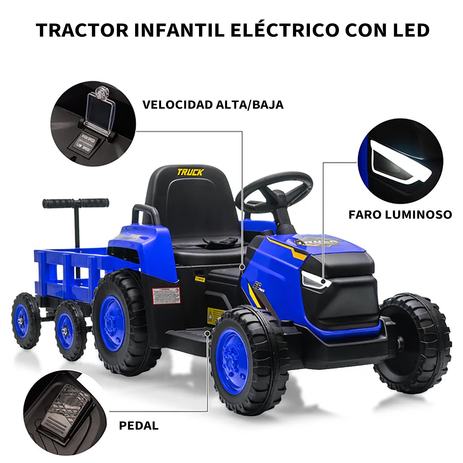 Garvee Tractor Eléctrico para Niños 12V con Remolque Desmontable, Motor Doble, Mando Parental, Luces LED y Música, Vehículo a Batería para Niños 3-6 Años, Exterior y Jardín, Azul