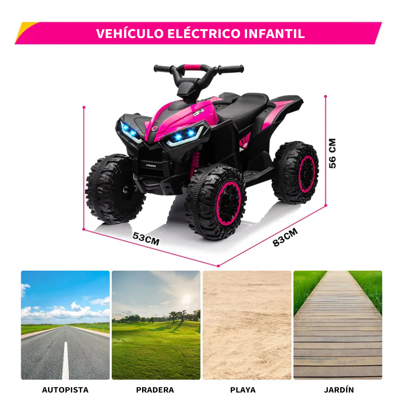Garvee Quad Eléctrico 12V, LED y Música, Control Remoto, Ruedas 4x4 EVA, Asiento Cómodo, 3-6 años, Exterior, Rosa