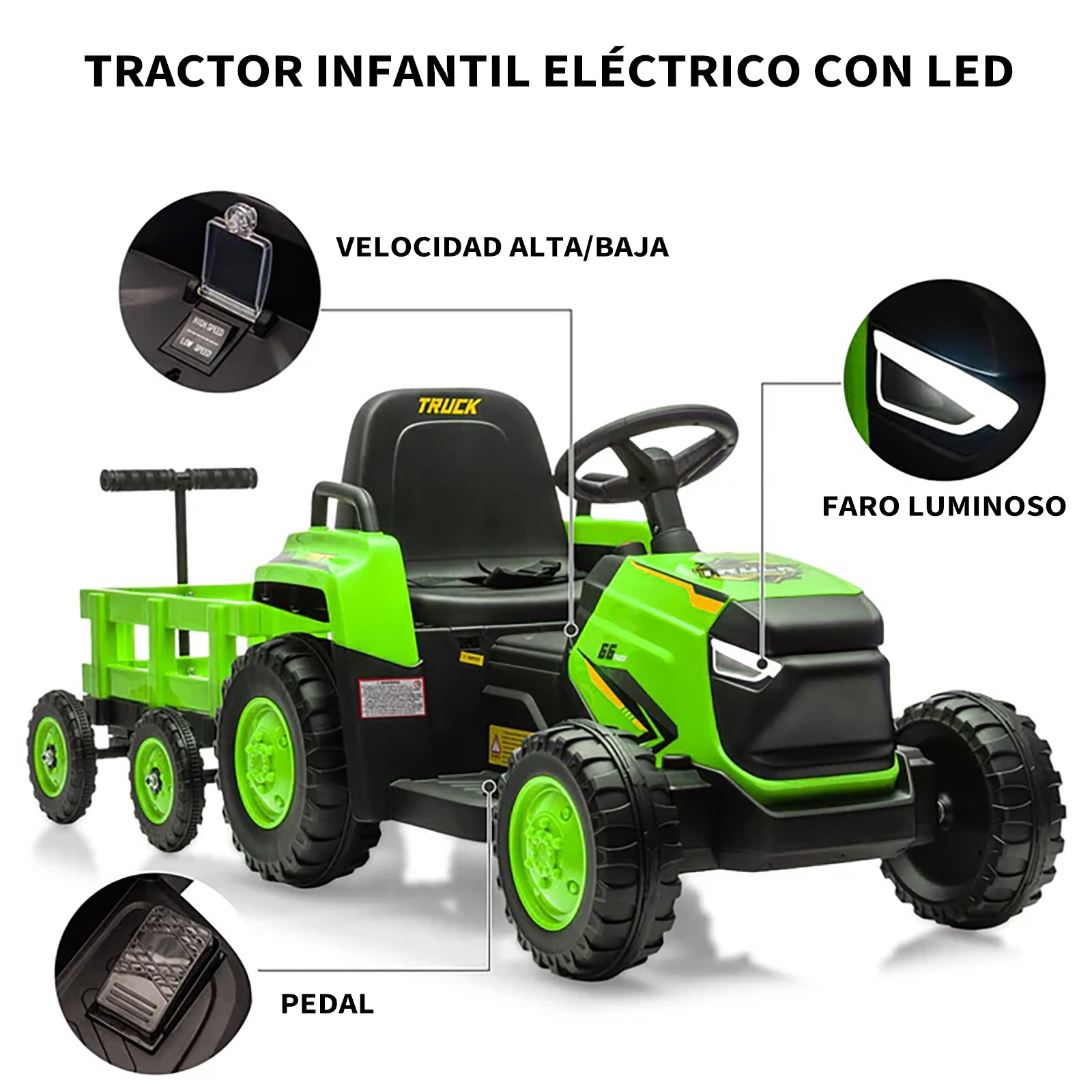 Garvee Tractor Eléctrico 12V, Remolque Amovible, Doble Motor, Luces LED, Control Remoto, 3-6 años, Jardín, Verde