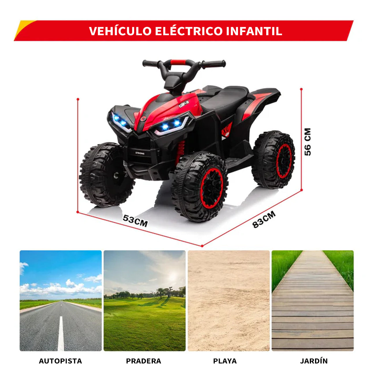 Garvee Quad Eléctrico 12V, LED y Música, Control Doble, Ruedas 4x4 EVA, 3-6 años, Interior y Exterior, Rojo