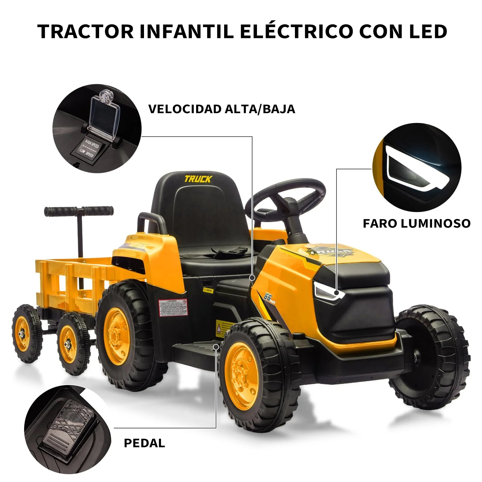 Garvee Tractor Eléctrico 12V, Remolque Amovible, Doble Motor, Luces LED, Bluetooth, 3-6 años, Jardín, Amarillo