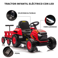 Garvee Tractor Eléctrico 12V, Remolque Amovible, Doble Motor, Control Remoto LED, Música, Bluetooth, 3-6 años, Jardín, Rojo