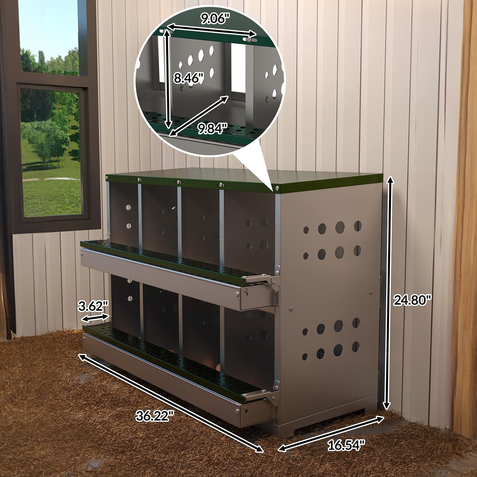 Garvee Caja de Anidación para Gallinas 2 Capas 8 Compartimentos, Acero Galvanizado, Con 8 Huevos Falsos, Bandeja de Recolección Barra para Posarse, Resistente a la Oxidación, Verde Oscuro