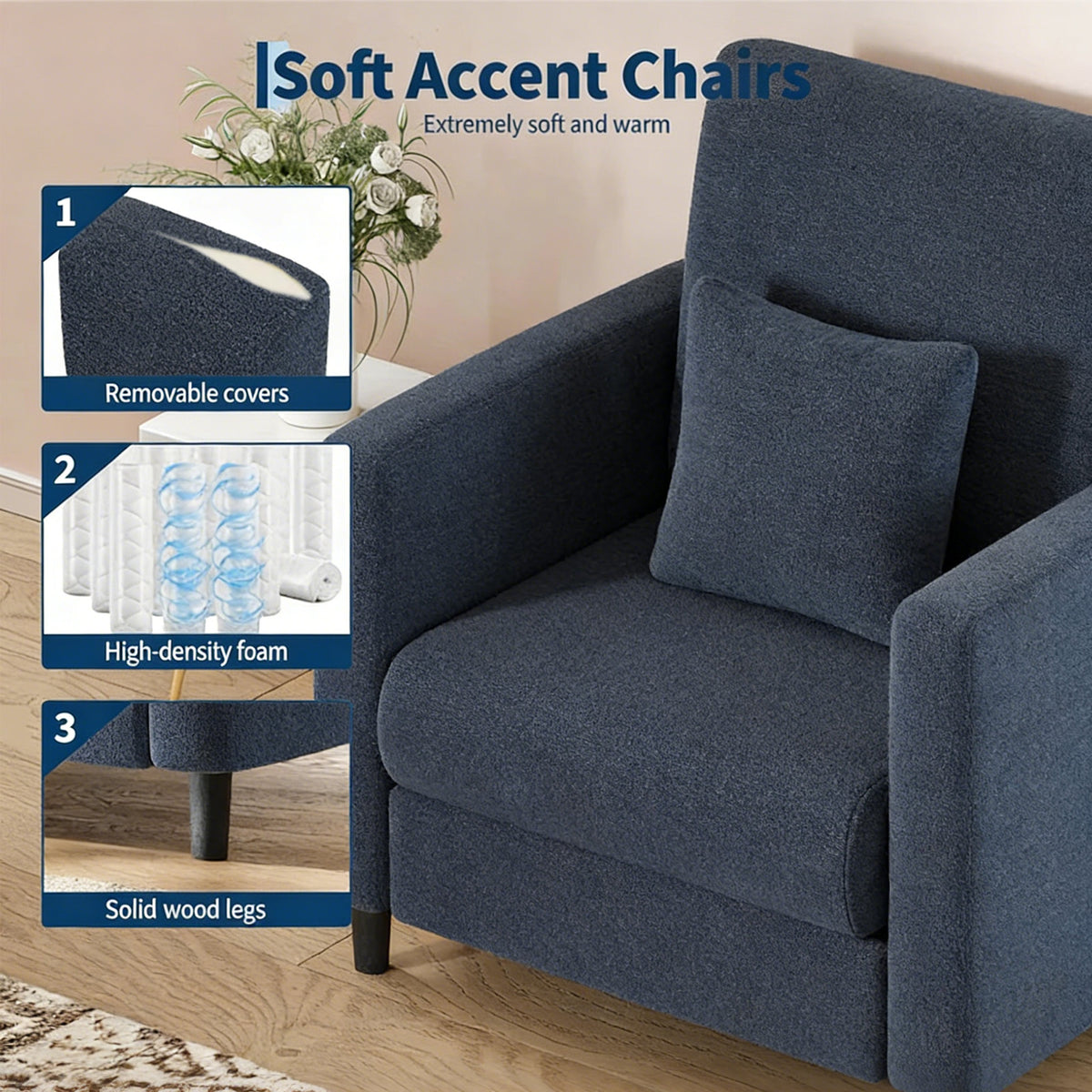 Garvee Sofá 1 Plaza con Respaldo Ergonómico y Cojines, Tela Teddy Duradera, Patas de Madera, Compacto para Salón y Dormitorio, Blanco, 86x76cm