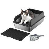 Garvee Arenero para Gatos de Acero Inoxidable de 60cm con Valla Alta y Alfombrilla, Caja de Arena Grande Antisalpicaduras para Mascotas en Casa, Negro - Negro (60*40*25Cm)