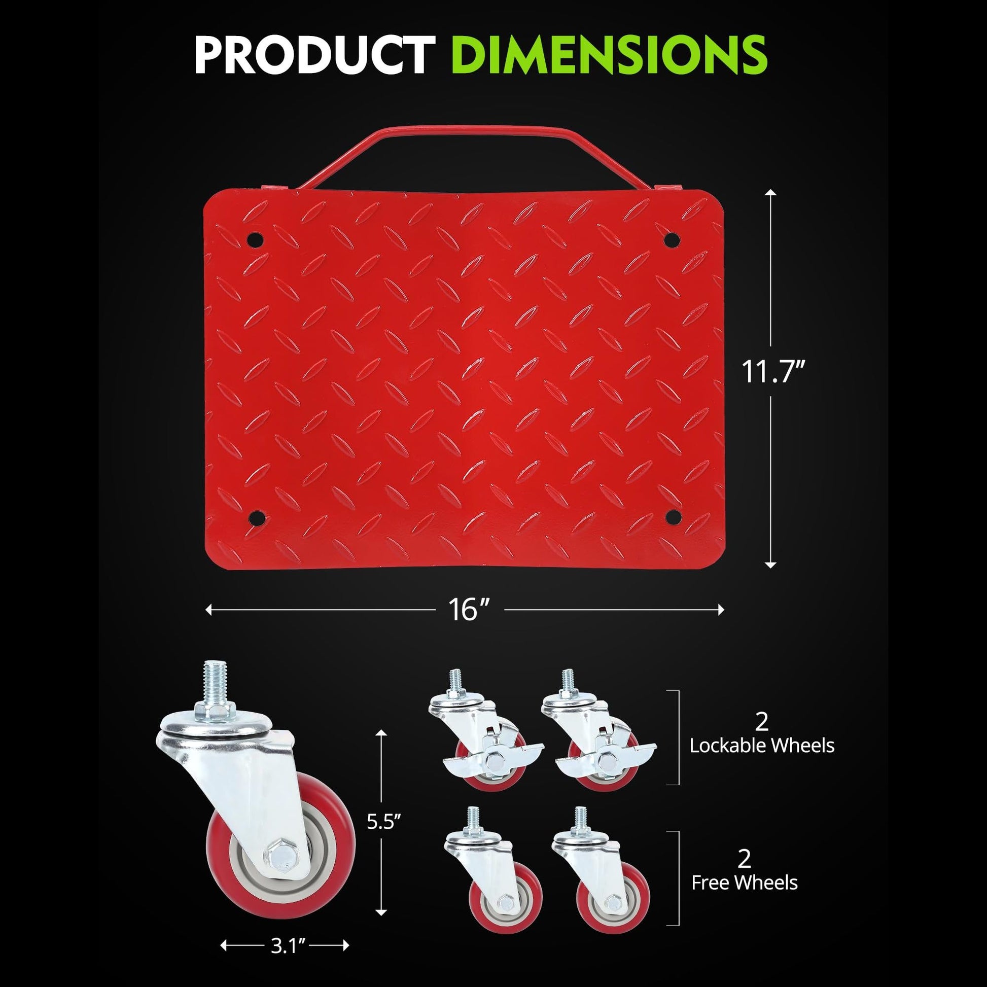 Garvee Juego de 4 Rodillos para Ruedas de Auto de Acero Carbono, Capacidad 2721.55kg, Plataforma Antideslizante 40.64x33.02cm, Rojo para Garajes y Talleres
