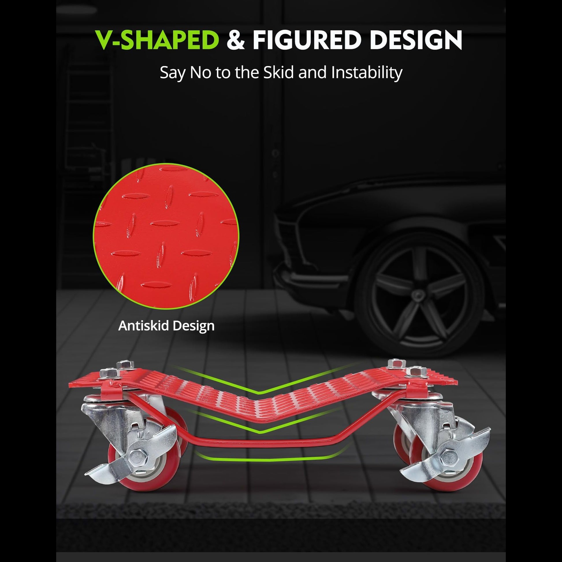 Garvee Juego de 4 Rodillos para Ruedas de Auto de Acero Carbono, Capacidad 2721.55kg, Plataforma Antideslizante 40.64x33.02cm, Rojo para Garajes y Talleres