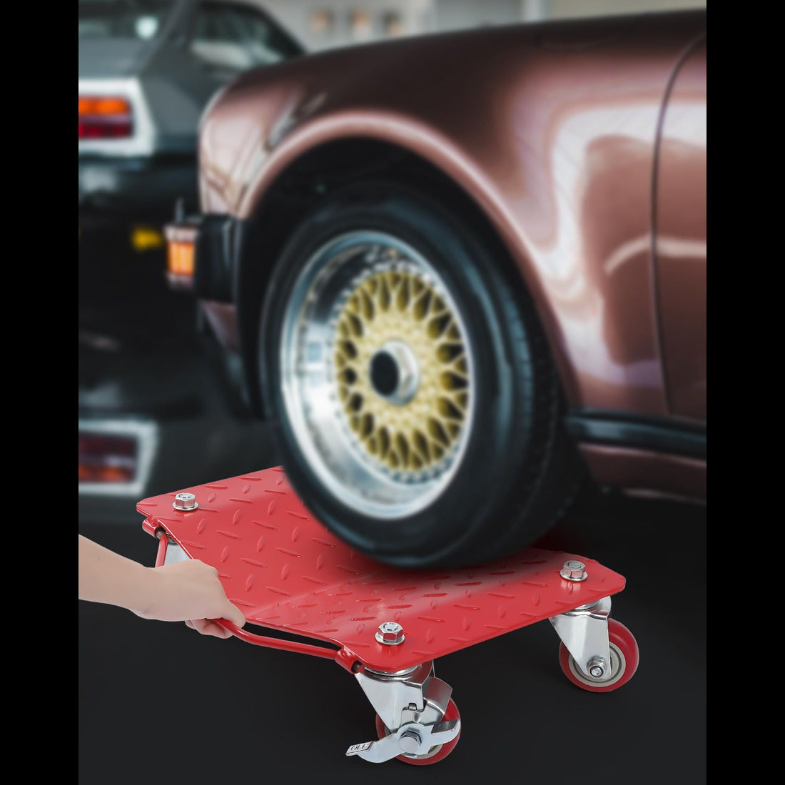 Garvee Juego de 4 Rodillos para Ruedas de Auto de Acero Carbono, Capacidad 2721.55kg, Plataforma Antideslizante 40.64x33.02cm, Rojo para Garajes y Talleres