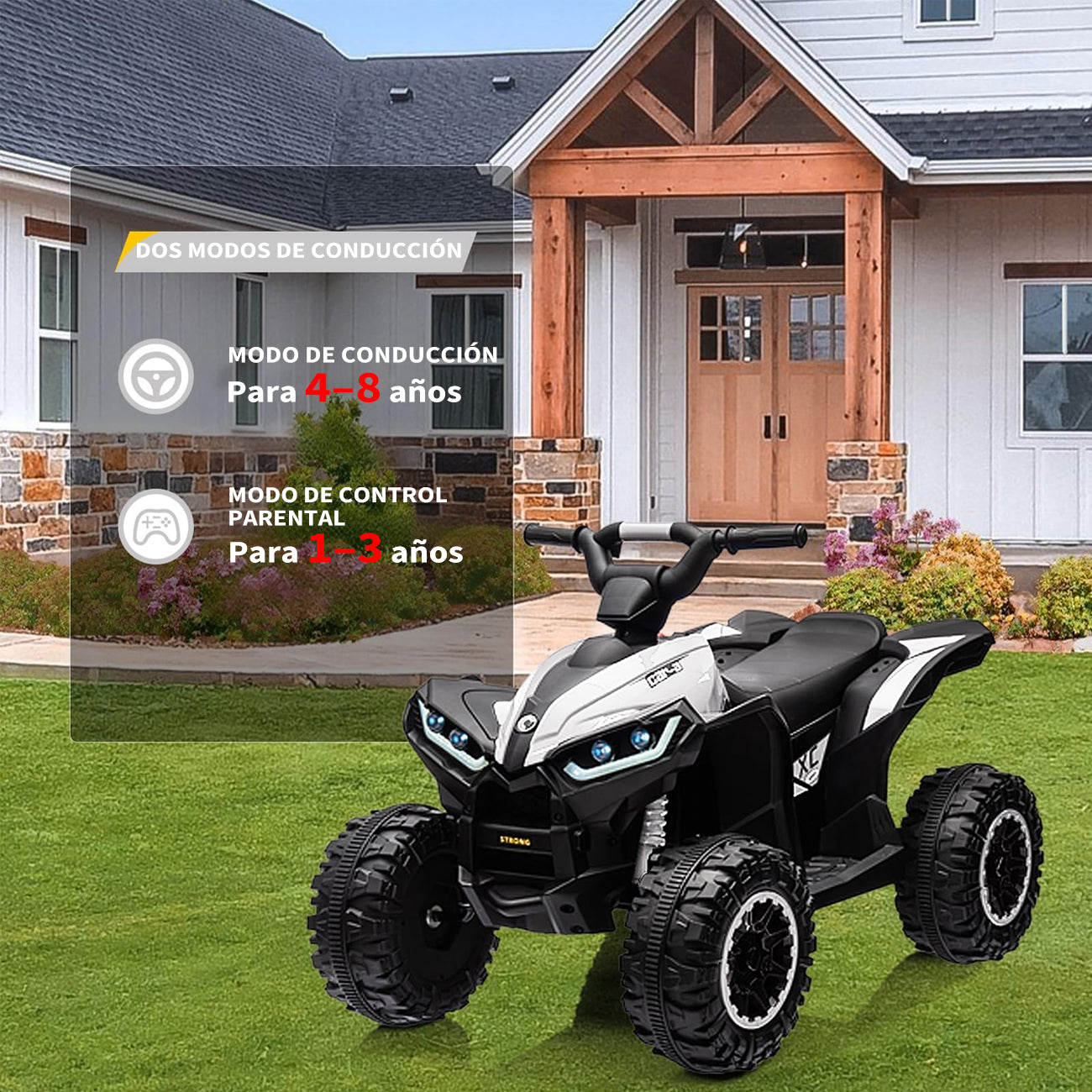 Garvee Quad Eléctrico 12V, LED, Música, 2 Velocidades, Bocina, 3-6 años, Interior y Exterior, Blanco