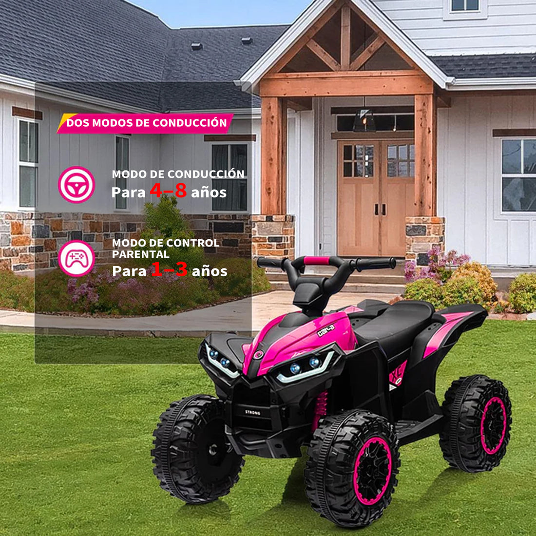 Garvee Quad Eléctrico 12V, LED y Música, Control Remoto, Ruedas 4x4 EVA, Asiento Cómodo, 3-6 años, Exterior, Rosa