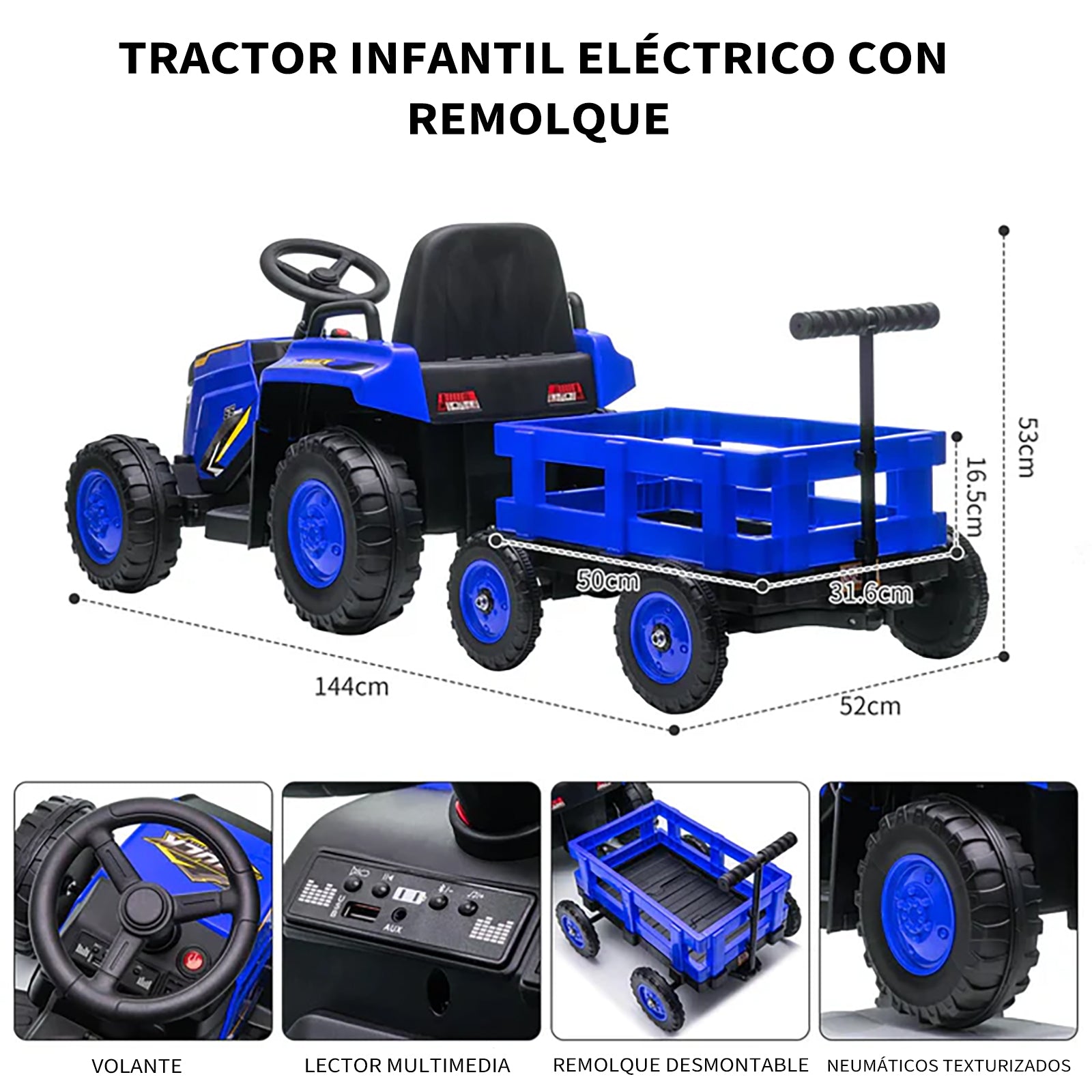 Garvee Tractor Eléctrico para Niños 12V con Remolque Desmontable, Motor Doble, Mando Parental, Luces LED y Música, Vehículo a Batería para Niños 3-6 Años, Exterior y Jardín, Azul