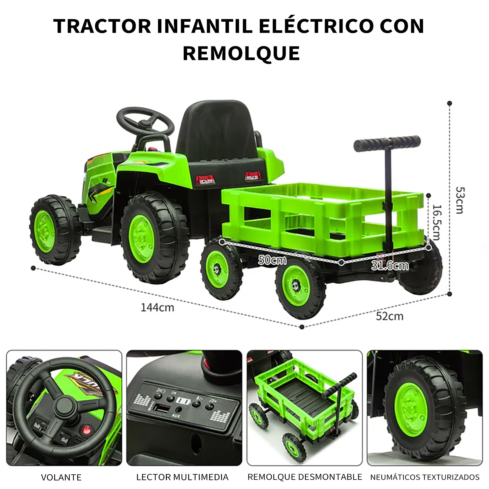Garvee Tractor Eléctrico 12V, Remolque Amovible, Doble Motor, Luces LED, Control Remoto, 3-6 años, Jardín, Verde