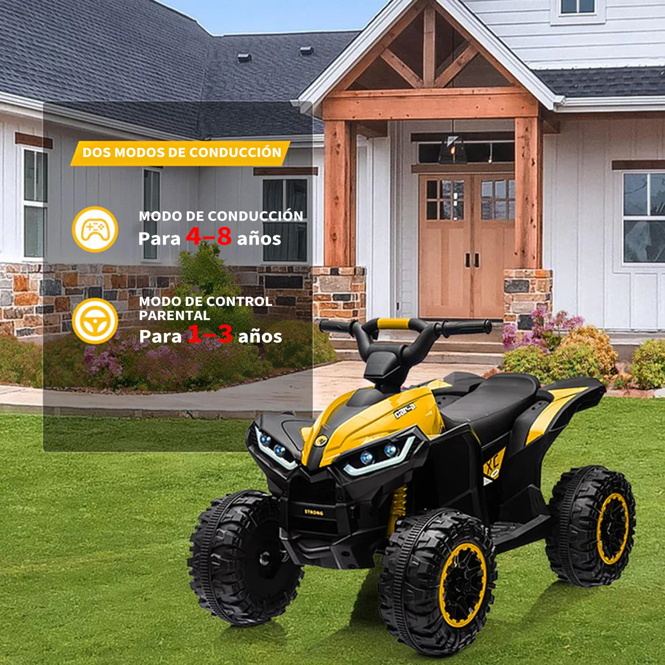 Garvee Quad Eléctrico 12V, LED, Música, 2 Velocidades, Bocina, 3-6 años, Interior y Exterior, Amarillo