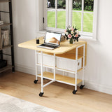 Garvee Mesa de Comedor Plegable de Madera y Metal Resistente con Ruedas Cajon y Dos Estantes Ahorra Espacio, Color Madera Natural