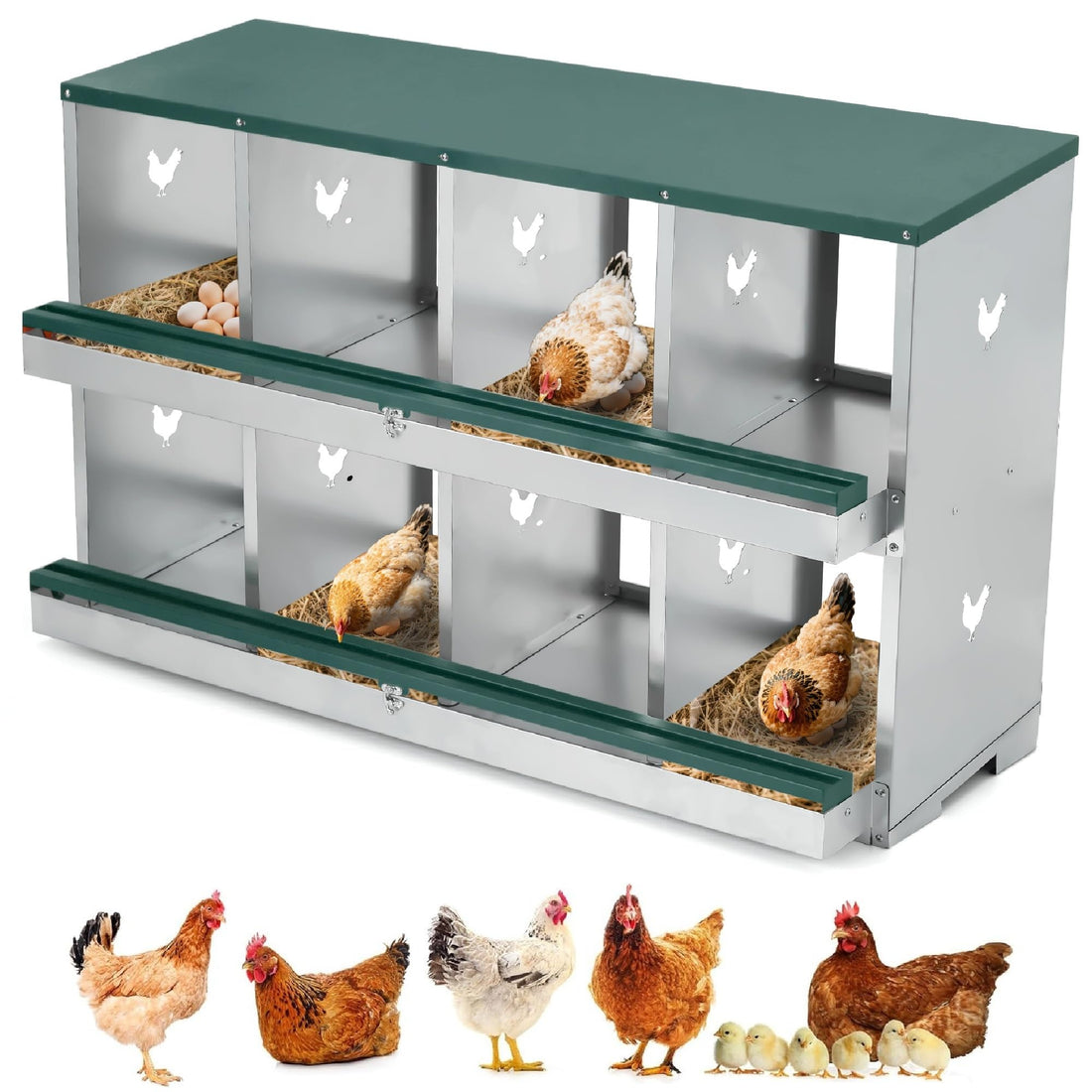 Garvee Cajas De Anidación Para Gallinas, 8 Compartimentos, Acero Galvanizado, Ventilación Amplia, Fácil Recolección, Montaje Rápido, Para Gallineros