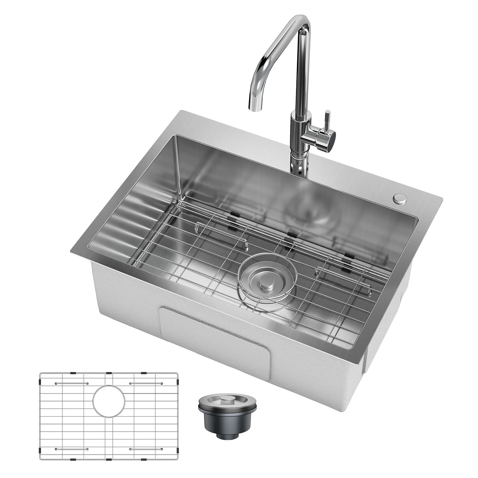 Garvee Fregadero de Acero Inoxidable 1 Cubeta Silencioso Diseño Moderno Grifo 2 Piezas Empotrado y Encimera para Hogar Cocina y Bar Color Plateado 61x45.7x22.9cm
