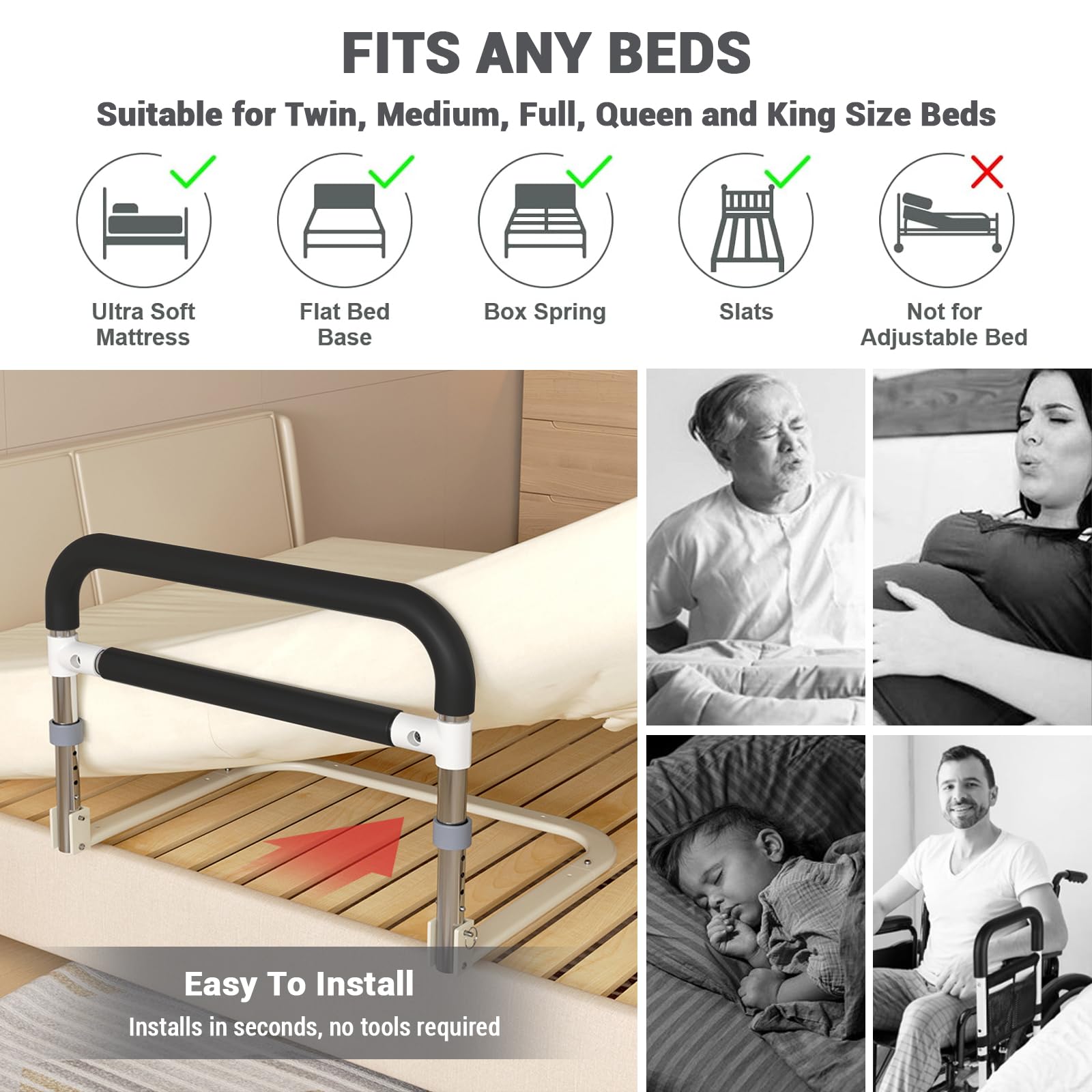 Garvee Ayuda para Levantarse de la Cama para Personas Mayores Altura Ajustable 36.5-43.5 Cm Acero Inoxidable Agarre Antideslizante Plegable Base Segura en Forma de U para Hogar y Viaje