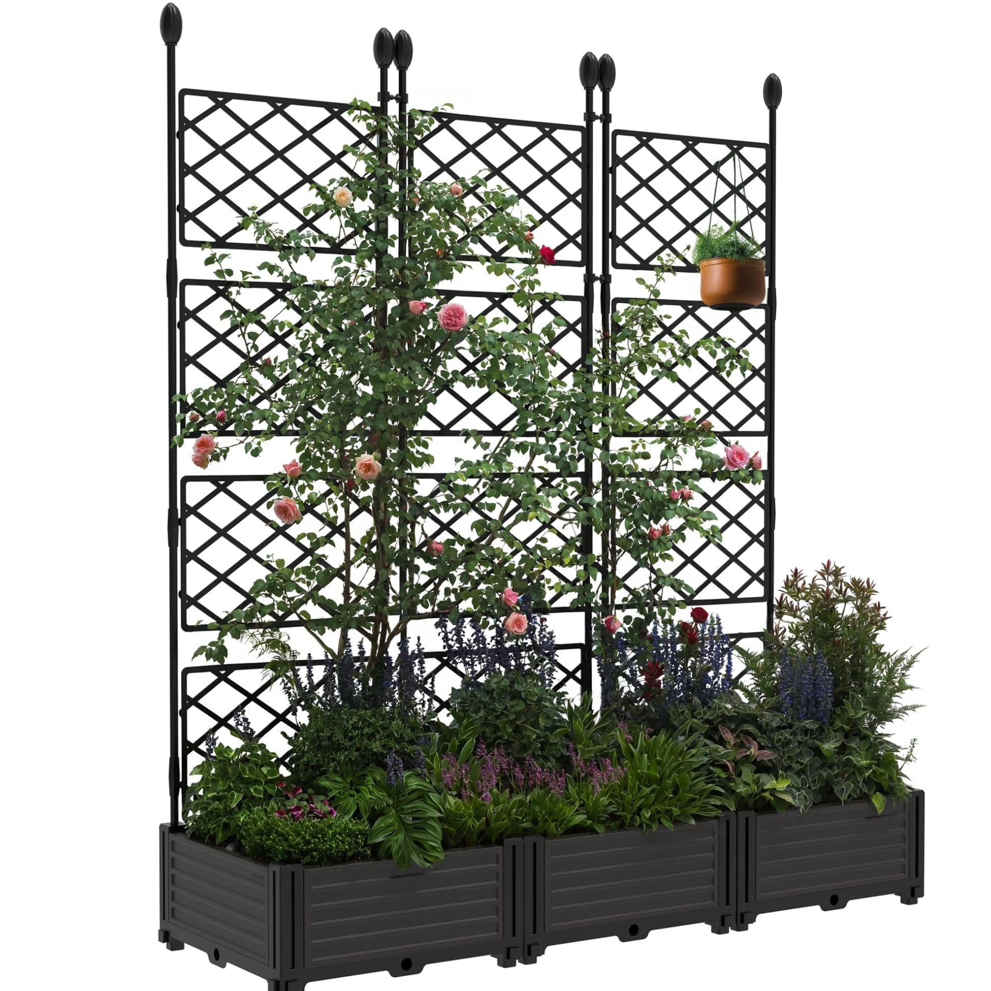 Garvee Set de 3 Jardineras Elevadas con Enrejado Reforzado, Plástico PP Duradero, Pantalla de Privacidad, 126x160cm, para Balcón y Patio, Negro